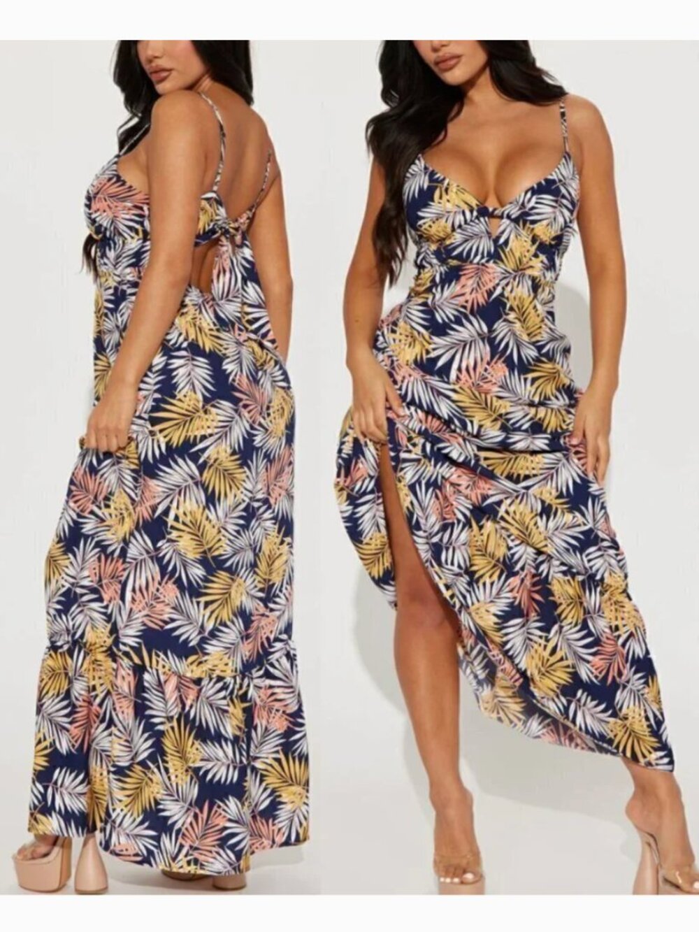 NEW NWT IRIS DISCOVERY Print Tank Maxi Dress Navy Blue Palm Leaf Leaves Floral S